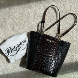 Brighton two tone black and brown embossed leather shoulder bucket bag.